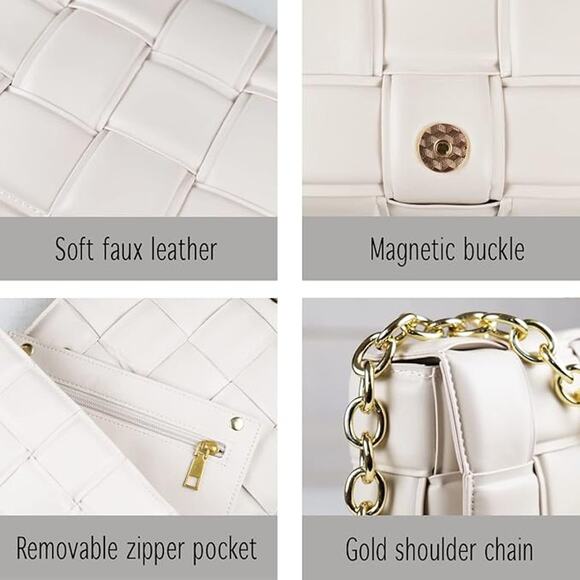 Bella Luna Woven Padded Crossbody Handbag Purse Women Chain Strap & Handle Ivory - Picture 2 of 5